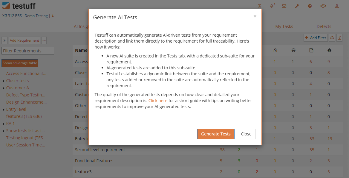 Requirements Test AI Generated Tests