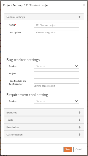 Shortcut project settings